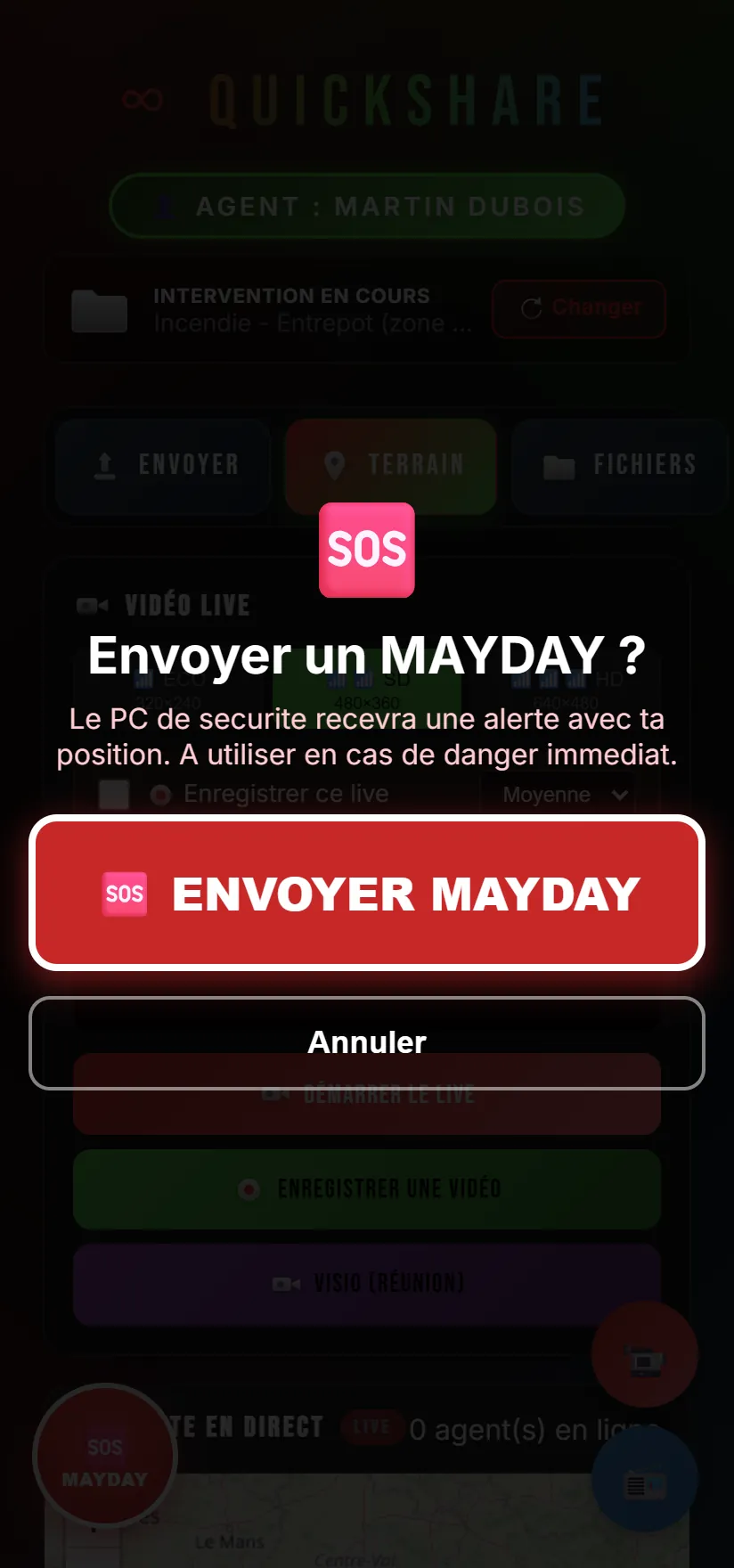 Écran d'alerte MAYDAY côté agent